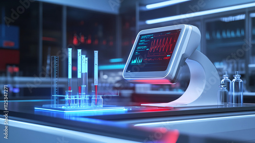 A futuristic blood analysis machine displaying data with glowing test tubes in a modern laboratory setting highlighting advanced technology
