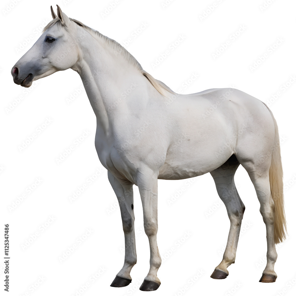 Majestic White Horse Standing in Profile isolated on transparent background cutout, Png, Cutout Majestic White Horse Standing in Profile isolated on transparent background cutout, Png, Cutout