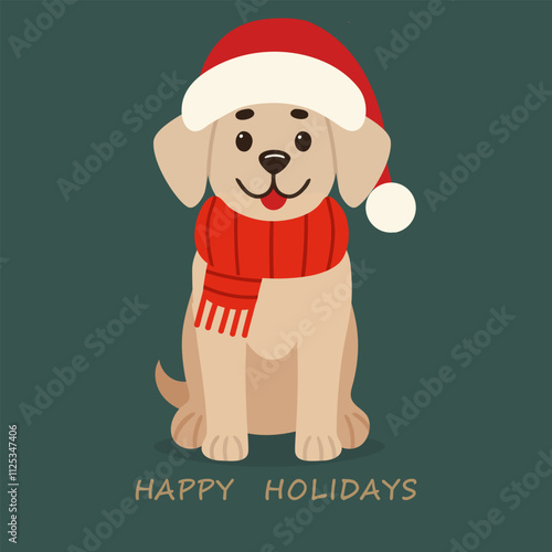 Holiday card with a cute Labrador pet in a New Years hat and scarf. Happy New Year and Christmas holiday card. Vector illustration