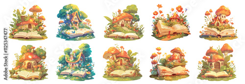 books fairy tales cartoon. open fantasy book set, childrens reading summer forest house mushrooms hut imagination fictional world vector illustration