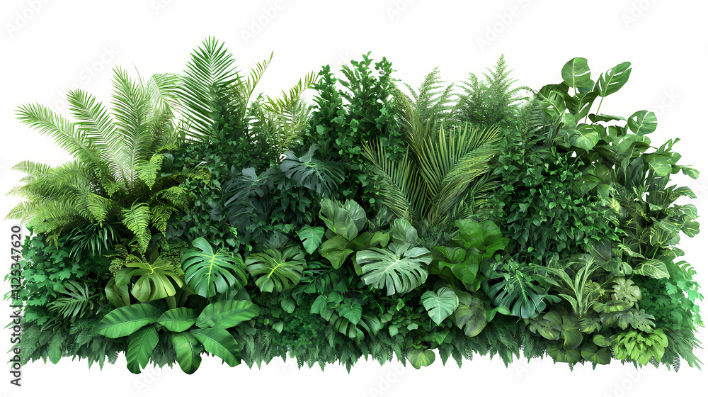 Lush tropical foliage diverse array of exotic leaves and fronds creating natural green tapestry isolated on white for versatile design use. Lush. Illustration