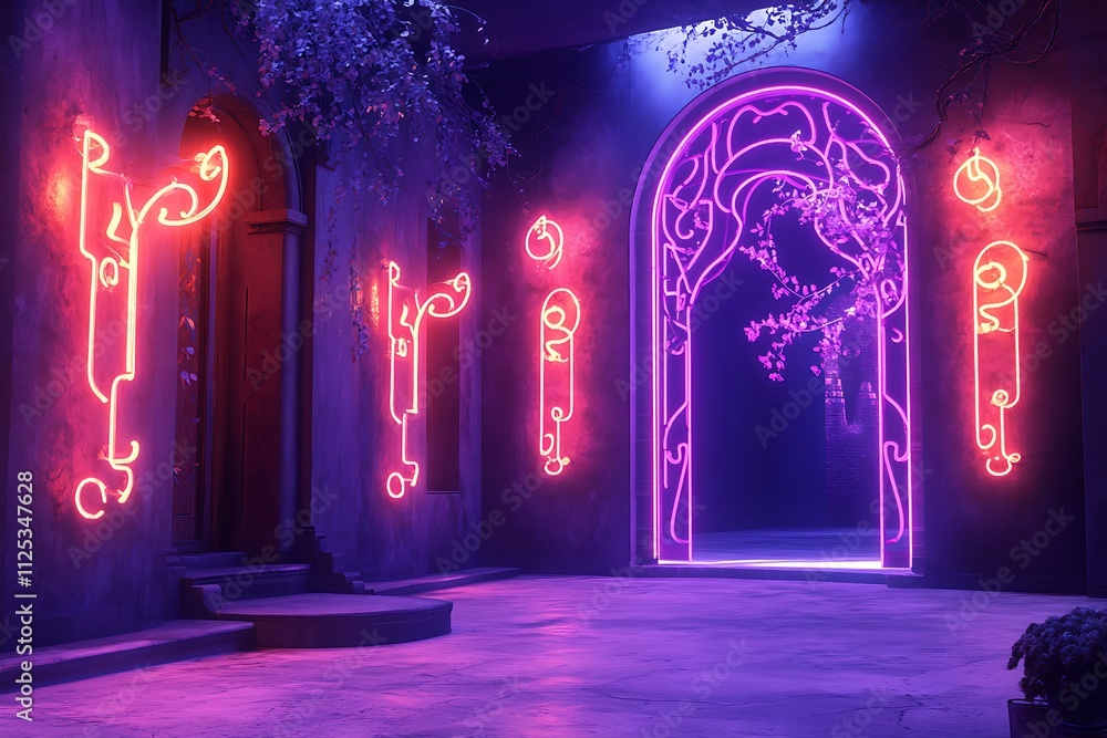 A dramatic neon entryway with glowing accents and artistic lighting fixtures A dramatic neon entryway with glowing accents and artistic lighting fixtures