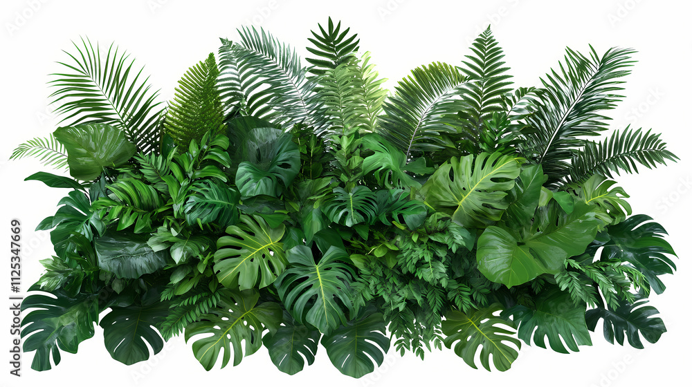 Lush tropical foliage diverse array of exotic leaves and fronds creating natural green tapestry isolated on white for versatile design use. Lush. Illustration Lush tropical foliage diverse array of exotic leaves and fronds creating natural green tapestry isolated on white for versatile design use. Lush. Illustration