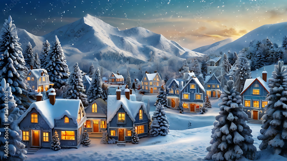 Snowy village at sunset, nestled in mountains. Cozy houses, snow-covered trees, winter wonderland scene. Snowy village at sunset, nestled in mountains. Cozy houses, snow-covered trees, winter wonderland scene.