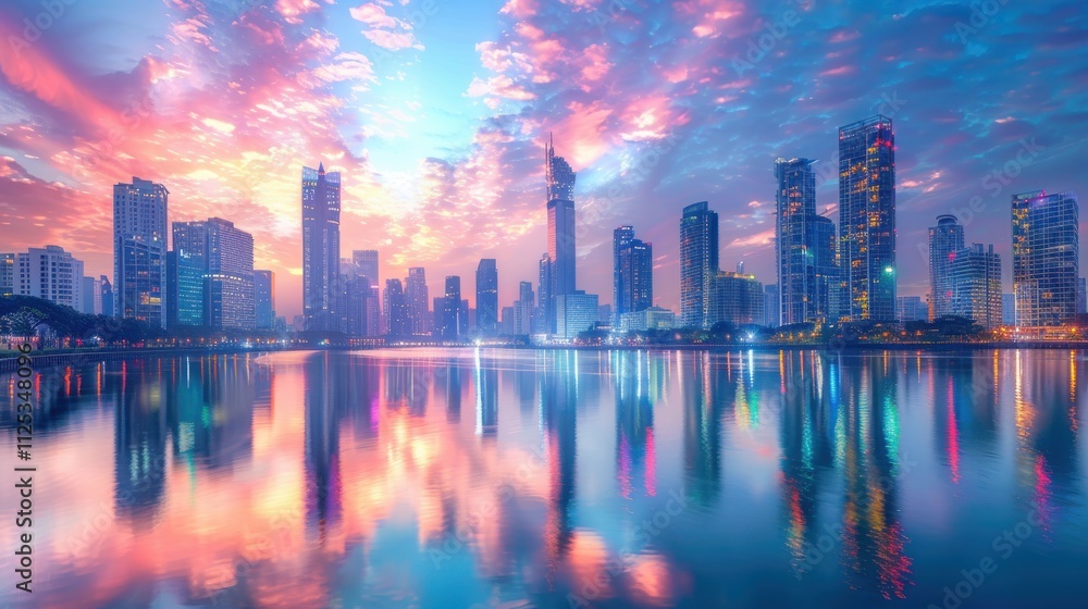 Fototapeta premium A vibrant city skyline reflected in a river at sunset with colorful lights illuminating the buildings