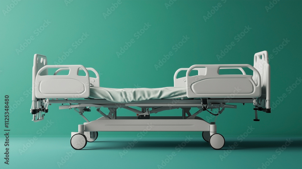 A hospital bed is on wheels and is empty A hospital bed is on wheels and is empty