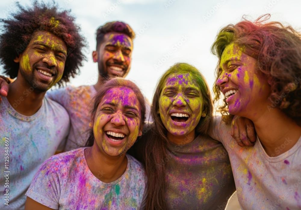 Group of young people laughing and enjoying the holi festival, covered in vibrant colors Group of young people laughing and enjoying the holi festival, covered in vibrant colors