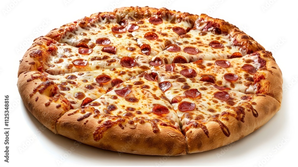 A delicious pepperoni pizza with melted cheese, sliced into eight pieces, ready to be enjoyed. A delicious pepperoni pizza with melted cheese, sliced into eight pieces, ready to be enjoyed.