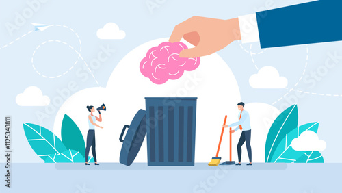 The brain is in the garbage can. Mind in the dustbin. Brainwashing and internet propaganda. Brain power, idea, knowledge. Delete, throw away, forget, erase. Business concept. Vector illustration