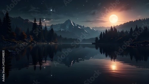 Futuristic night landscape with abstract landscape, dark forest, mountains, moonlight, shine. Dark natural scene with reflection of light in the water