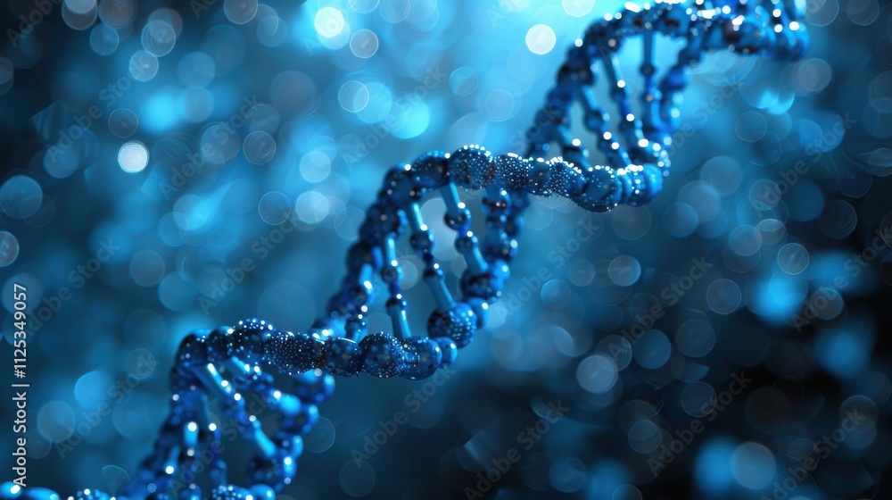 Blue DNA double helix spiral with shimmering light bokeh and bubbles, elegantly displayed on a blue backdrop Blue DNA double helix spiral with shimmering light bokeh and bubbles, elegantly displayed on a blue backdrop