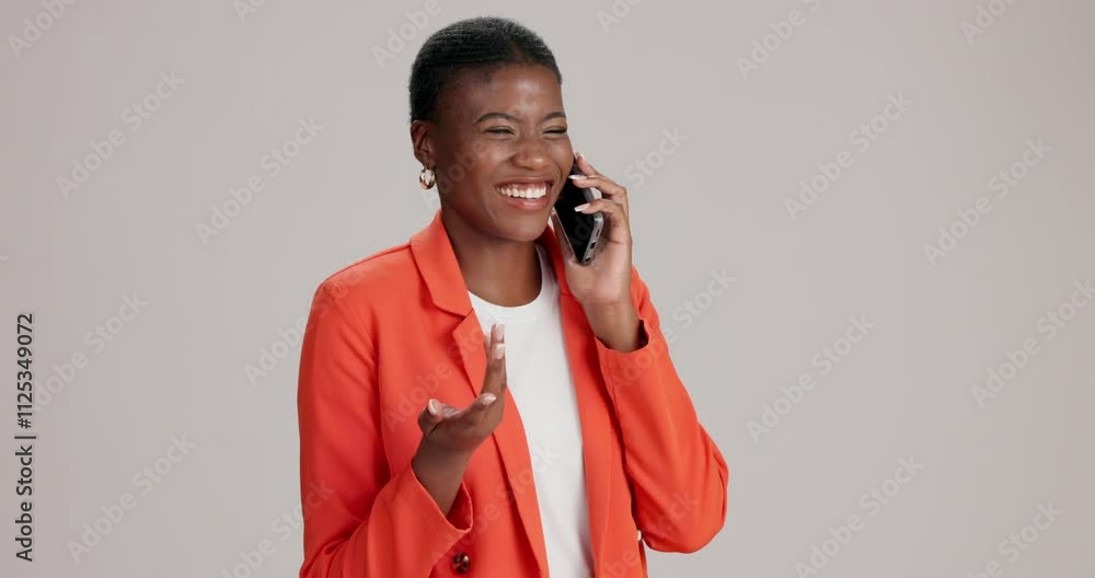 Phone call, communication and black woman with laugh, smile and talking in studio. Funny meme, networking and girl with smartphone in conversation, discussion and chatting online on grey background Phone call, communication and black woman with laugh, smile and talking in studio. Funny meme, networking and girl with smartphone in conversation, discussion and chatting online on grey background