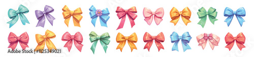 bows cartoon set. bow pink purple blue green red yellow, ribbon elegant decoration gift vector illustration