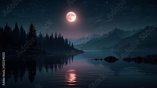 Futuristic night landscape with abstract landscape, dark forest, mountains, moonlight, shine. Dark natural scene with reflection of light in the water