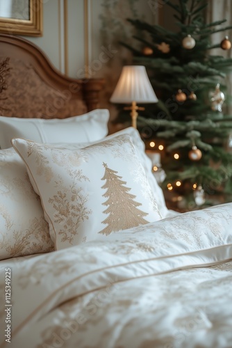 Luxurious hotel bed with festive christmas decor for holiday comfort and elegance
