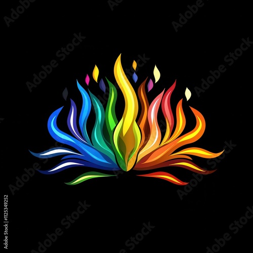 Colorful fire flower design on black background.