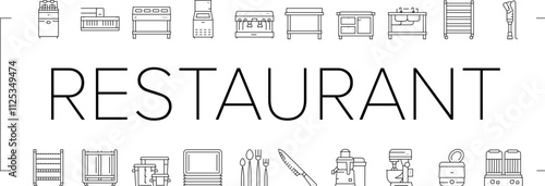 restaurant equipment kitchen cafe icons set vector. fryer commercial, professional industry, clean utensil, interior fridge, stainless restaurant equipment kitchen cafe black contour illustrations