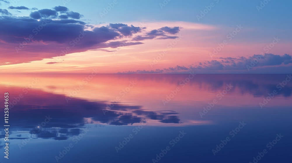 A serene sunset over calm waters, reflecting vibrant colors and cloud. A serene sunset over calm waters, reflecting vibrant colors and cloud.