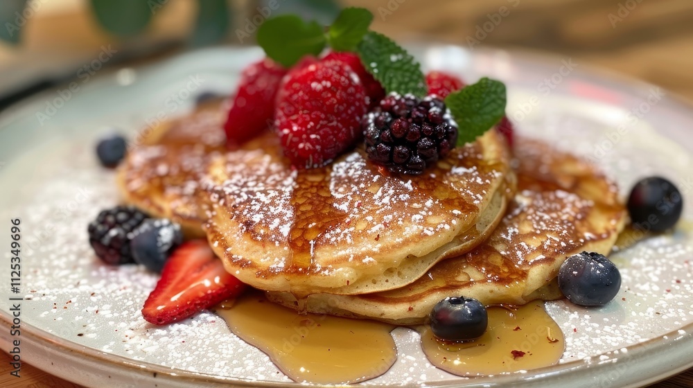 A delicious stack of pancakes topped with berries, mint, and syrup, served on a plate. A delicious stack of pancakes topped with berries, mint, and syrup, served on a plate.