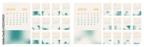 2025 2026 calendar vector design template, simple and clean design. Calendar in German. The week starts on Monday. Elements with stipple texture.