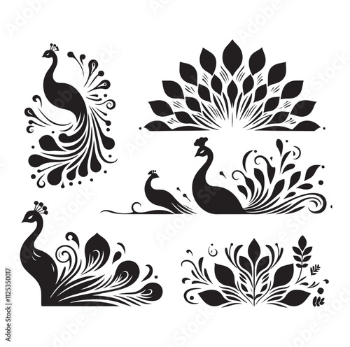 peacock set silhouette vector illustration