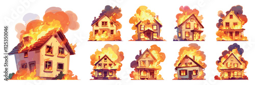 burning houses cartoon. fire, house fire smoke burning incident danger risk elements fires vector illustration