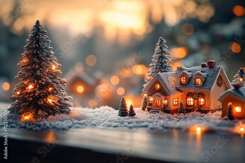 Cozy Snow Village Illuminated with Warm Holiday Lights during Christmas Night Festive Magic Concept photo