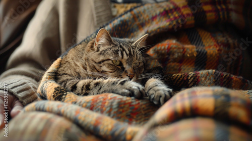 A therapy cat in a cozy blanket on an elderly person’s lap, creating a scene of companionship and warmth.