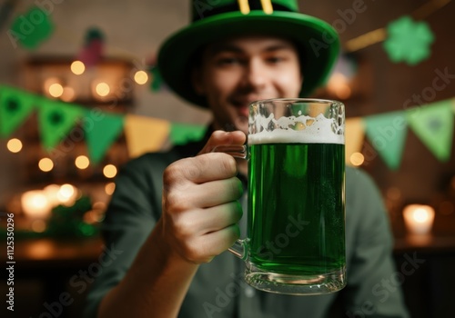 Blurred man with leprechaun hat toasting with green beer celebrating saint patrick's day photo