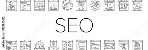 seo optimize community icons set vector. technical audit, market rank, search improve, marketing dashboard, report seo optimize community black contour illustrations