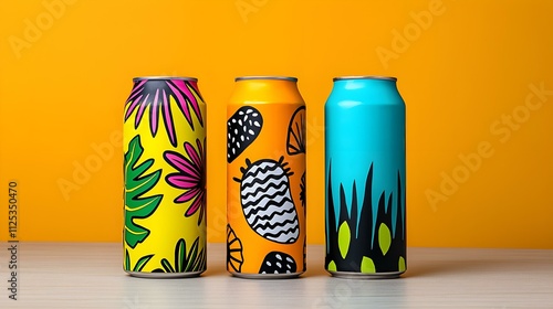 Vibrant Tropical Beverage Cans: Three uniquely designed aluminum cans featuring eye-catching tropical patterns and colors against a sunny yellow backdrop.
