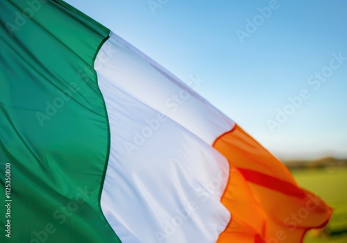 Large irish flag waving in the wind against a blue sky photo