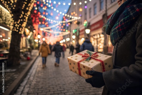 Woman with gift box on the festive market street with Christmas decorations