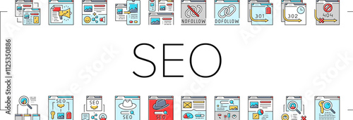 seo technical audit icons set vector. optimize market, rank search, improve marketing, dashboard report seo technical audit color line illustrations