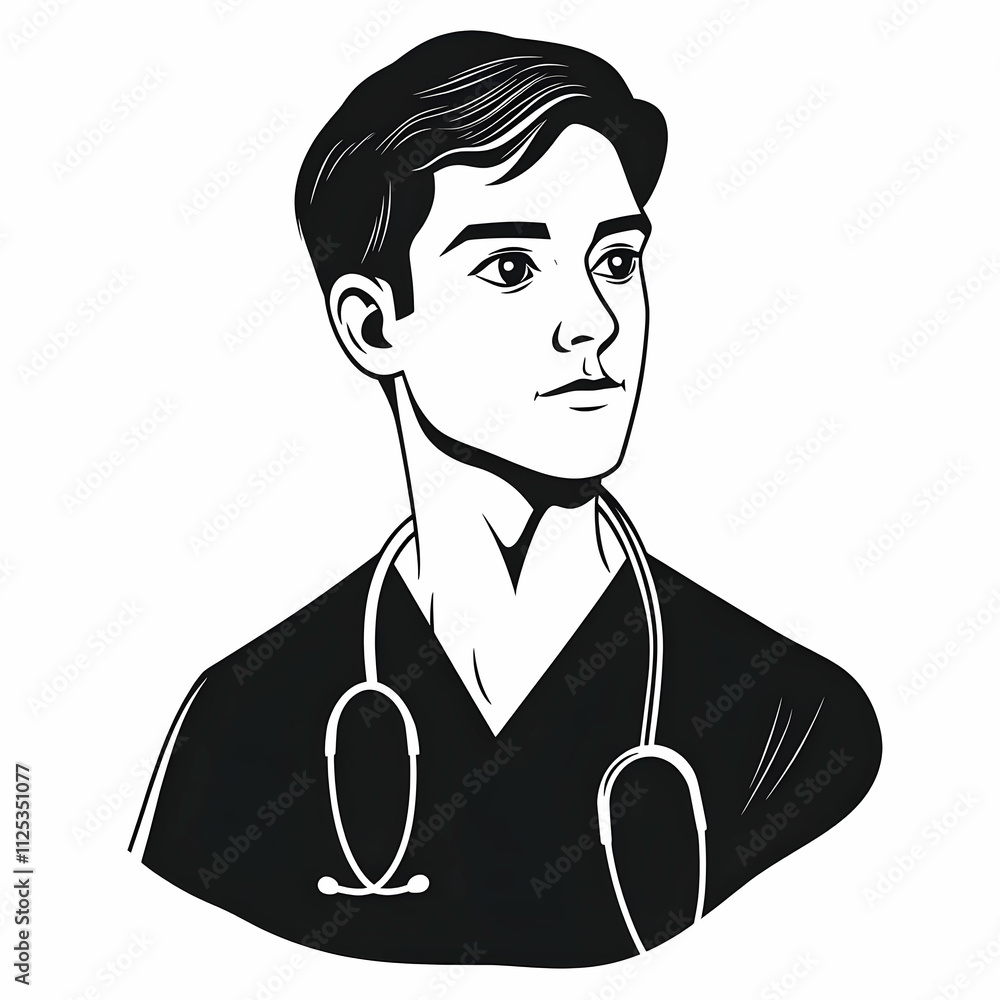 Black and white vector icon of an adult male doctor with short hair, wearing medical attire, symbolizing healthcare professionals in a minimalist style for easy identification. Black and white vector icon of an adult male doctor with short hair, wearing medical attire, symbolizing healthcare professionals in a minimalist style for easy identification.