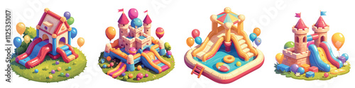 children playground cartoon. inflatable slides, ball castle fortress pool 3d bright kids summer entertainment games vector illustration