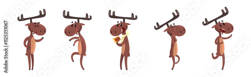 Funny Brown Moose and Elk in Various Pose Vector Set