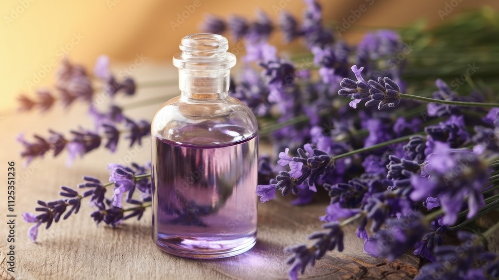 Promotional photo of the essence of French lavender. The rich, bright purple color shimmers in the light. The bottle is surrounded by bright lavender flowers. Promotional photo of the essence of French lavender. The rich, bright purple color shimmers in the light. The bottle is surrounded by bright lavender flowers.