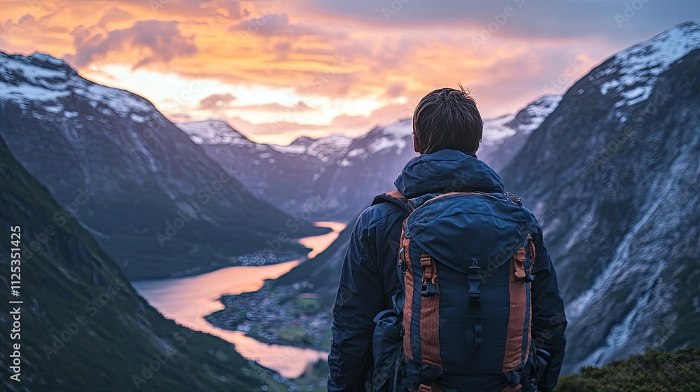 Man with backpack enjoying sunset view over fjord and mountains. Man with backpack enjoying sunset view over fjord and mountains.