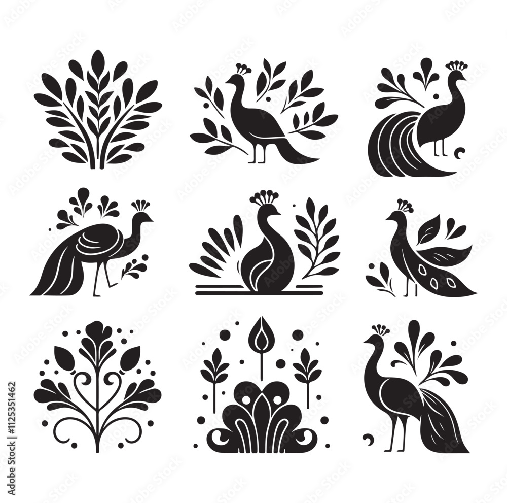 Fototapeta premium peacock set silhouette vector illustration