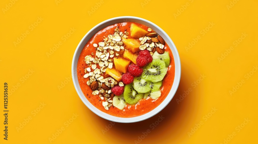 Vibrant smoothie bowl with mango, raspberries, kiwi, almonds, and granola. Vibrant smoothie bowl with mango, raspberries, kiwi, almonds, and granola.