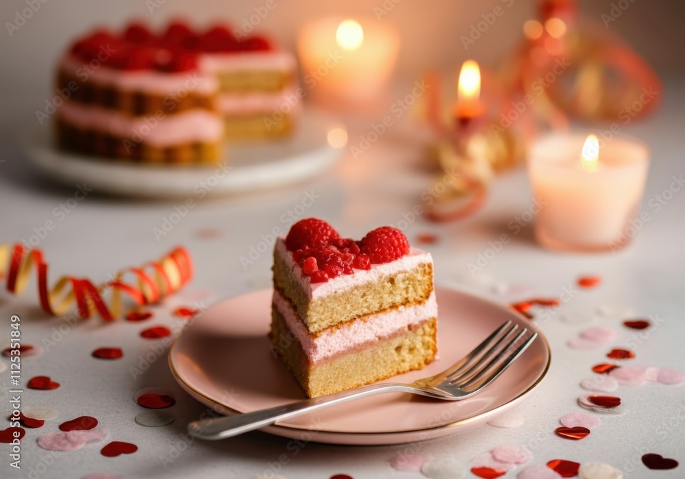 Indulge in a romantic valentine's day with a slice of delicious raspberry cake, adorned with fresh raspberries and surrounded by heart-shaped confetti and warm candlelight Indulge in a romantic valentine's day with a slice of delicious raspberry cake, adorned with fresh raspberries and surrounded by heart-shaped confetti and warm candlelight