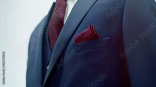 A man in a blue suit with a red tie and a maroon pocket square