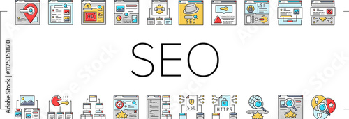 seo market rank search icons set vector. improve marketing, dashboard report, building result, top website, digital seo market rank search color line illustrations