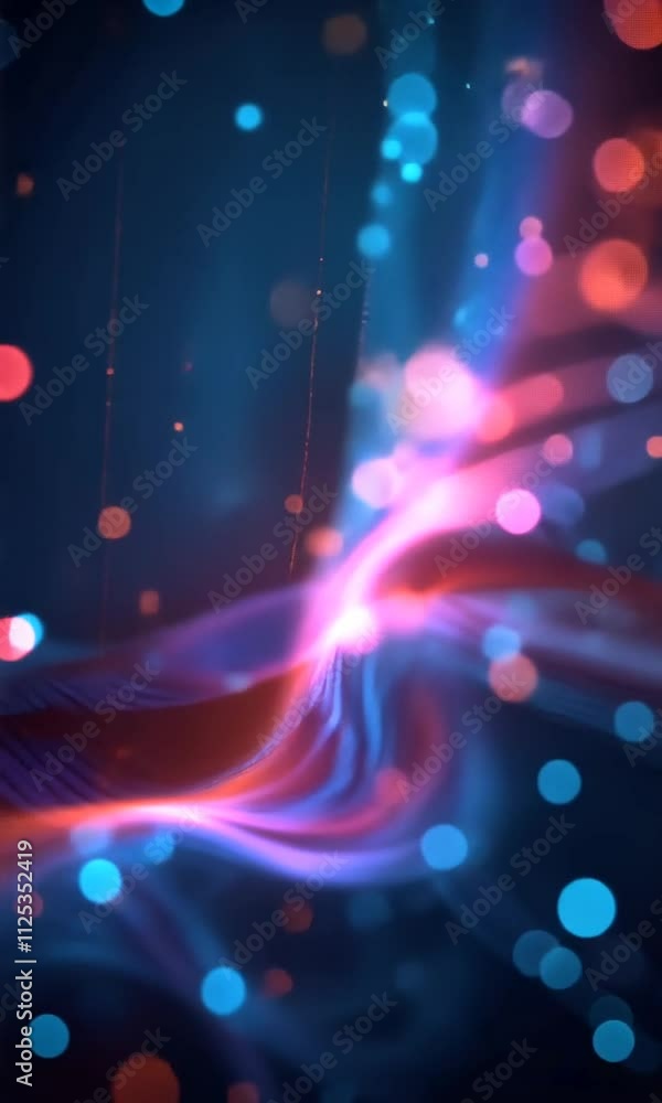 Abstract glowing particles and bokeh lights in vibrant red, orange, and blue colors creating a dynamic, wavy, digital landscape.