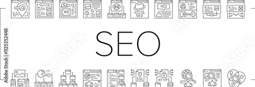 seo market rank search icons set vector. improve marketing, dashboard report, building result, top website, digital seo market rank search black contour illustrations