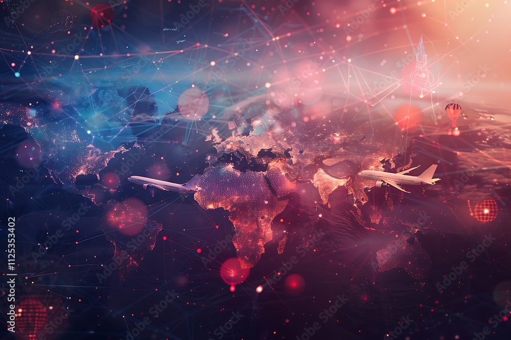Double exposure of world map and airplane on abstract background. Travel concept. Double exposure of world map and airplane on abstract background. Travel concept.
