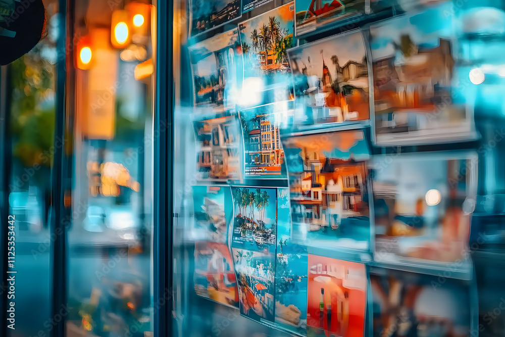 Obraz premium A close up of a travel agency window display