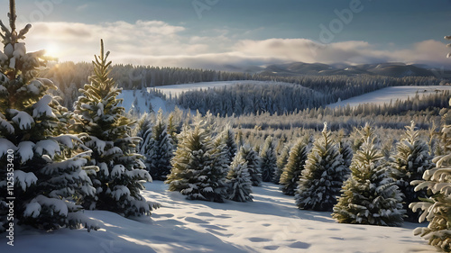 Sunlit snow-covered pine trees on a hillside, winter landscape.