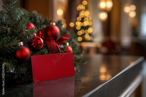 Festive hotel room key card amid holiday decorations for christmas stay design